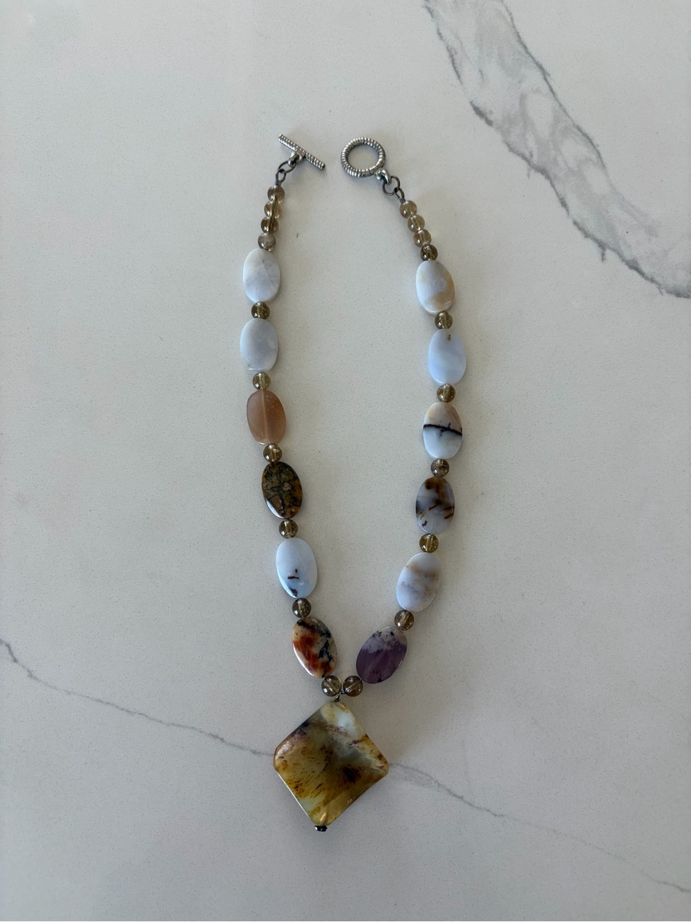 Natural Multi-Stone Pendant Necklace - White & Earth Tones